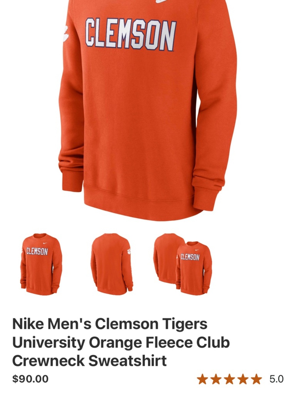 Nike Mens’s Clemson Fleece Club Crewneck Sweatshirt - Picture 3 of 3